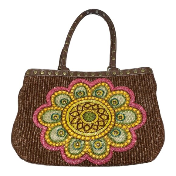 Isabelle Fiore Beaded Woven Shoulder Bag Brown Flower Rivets Pink Yellow - Picture 1 of 10